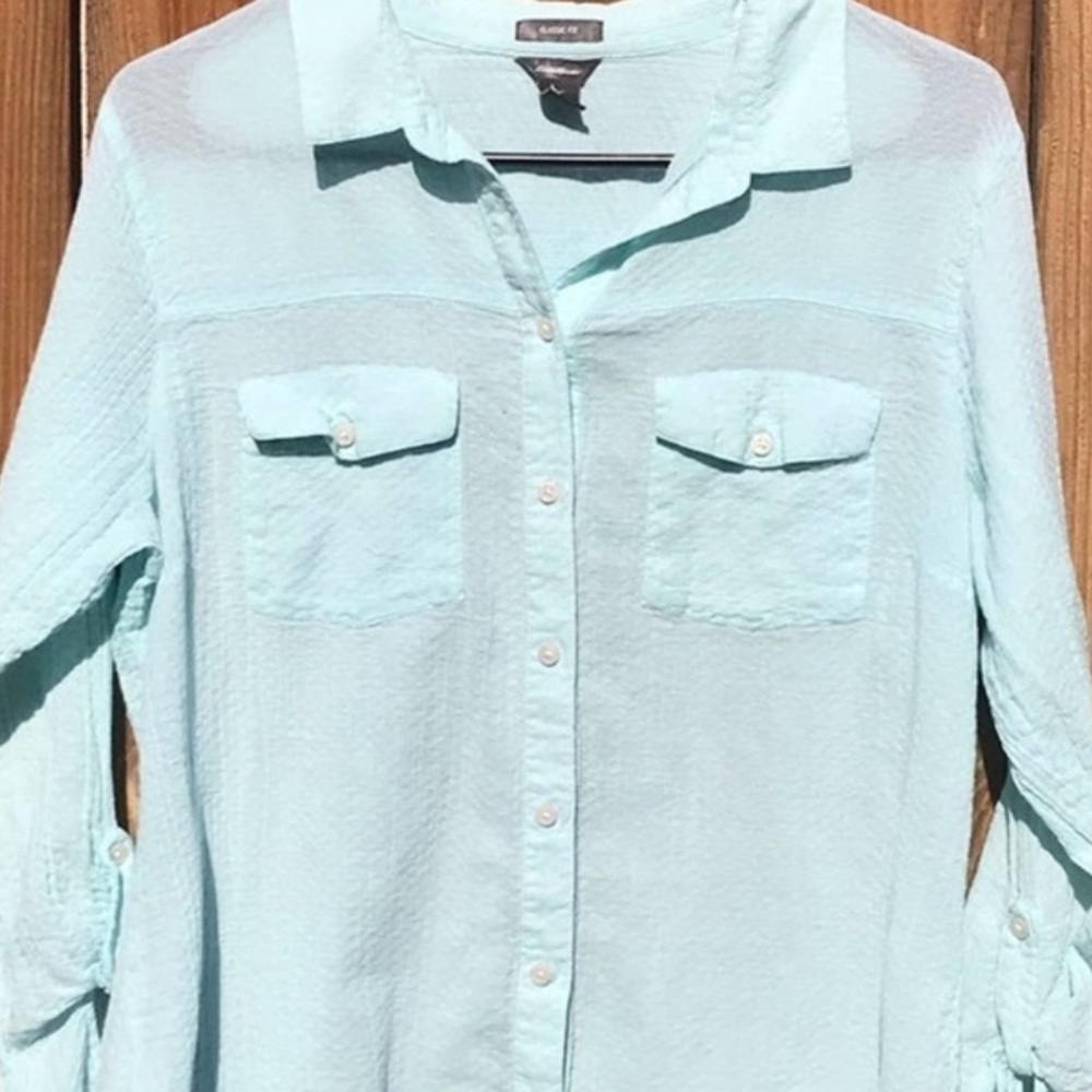 Classic fit slightly sheer teal colored Eddie Bauer blouse